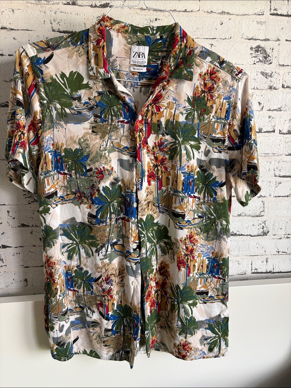 Zara Men’s Short Sleeve Tropical Button-Down Shirt - Beige/Green/Blue